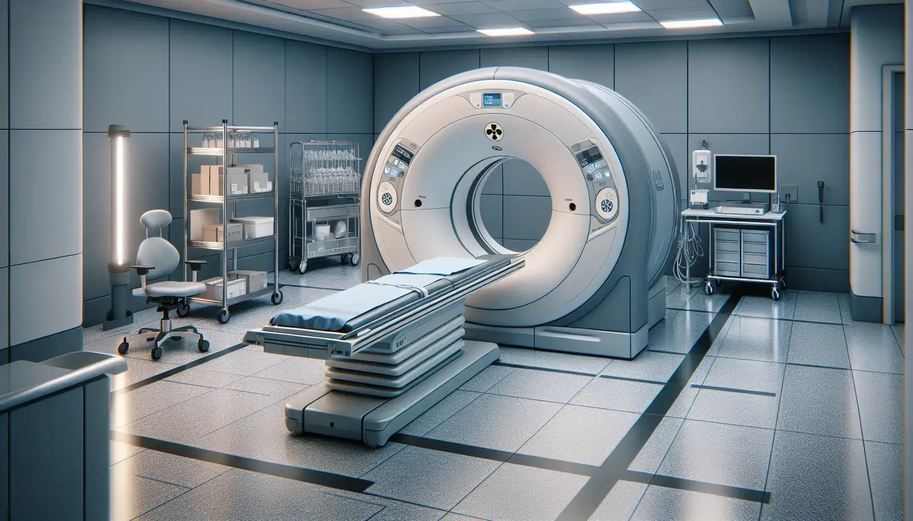 Sala de medicina nuclear con máquina PET central, camilla, estación de trabajo con monitor y carrito de acero inoxidable con suministros médicos.