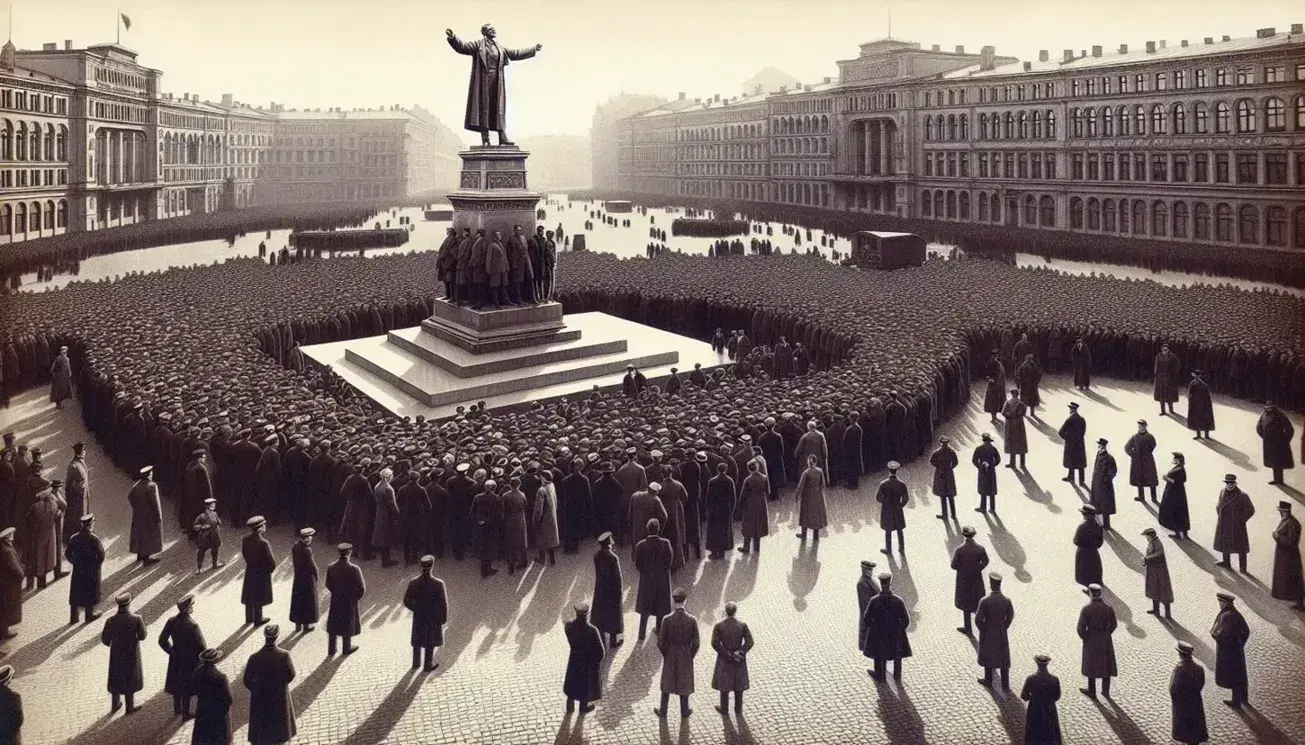 Multitud reunida en plaza pública con monumento central de figura en pose de liderazgo, rodeada de edificios de estilo europeo en día soleado.