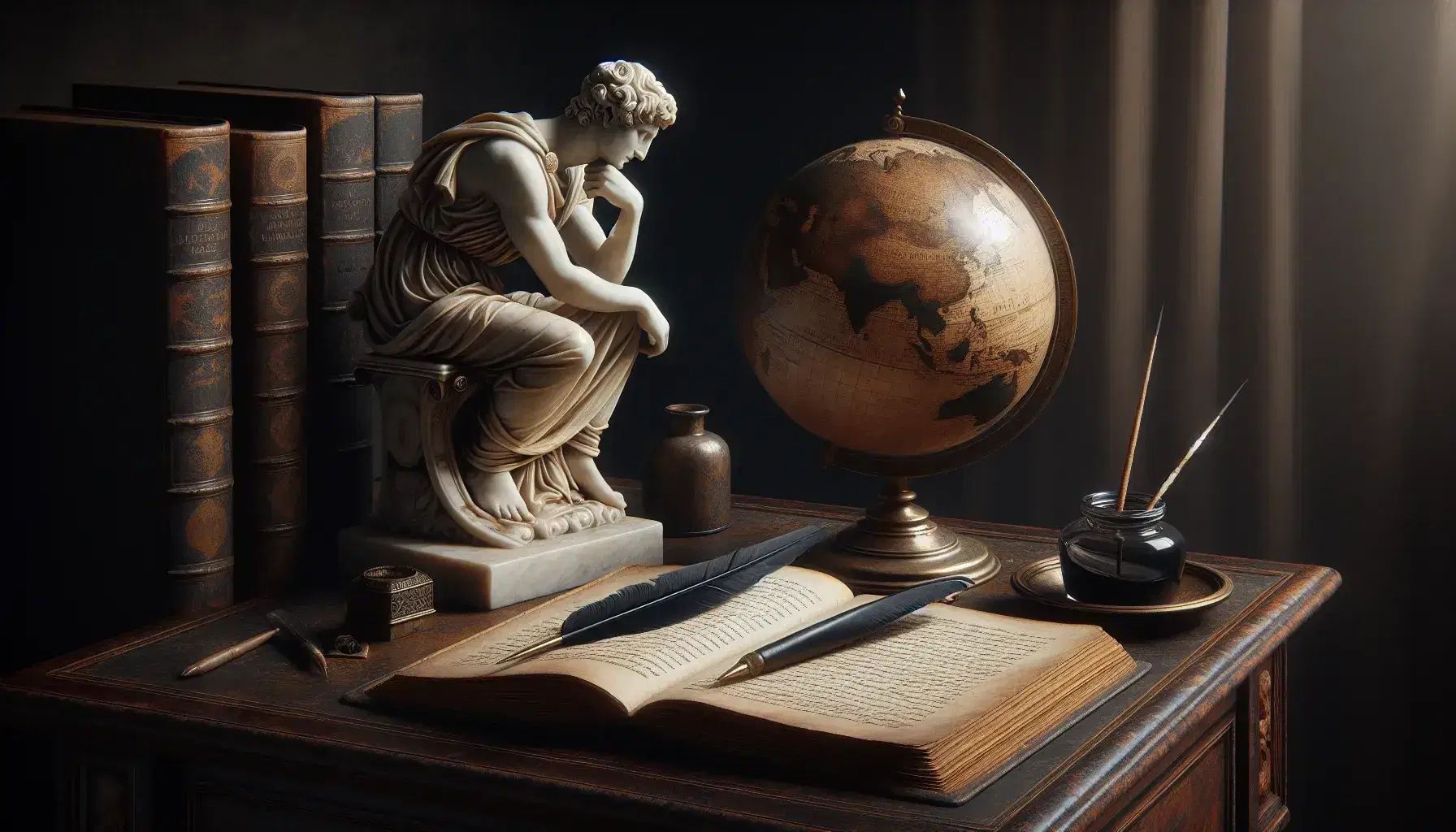 Scrivania antica in legno scuro con libro aperto, calamaio e penna d'oca, statuetta marmorea pensierosa, globo antico e chitarra classica sullo sfondo.