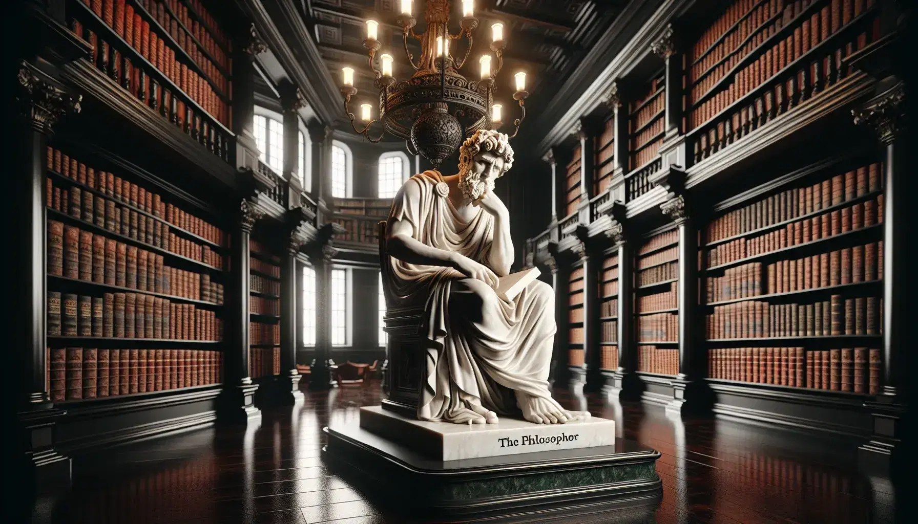 Statua in marmo bianco di filosofo seduto con libro chiuso in biblioteca antica, tra scaffali di libri rilegati e chandelier illuminato.