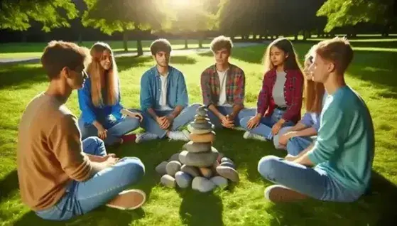 Grupo de cinco jóvenes sentados en círculo en un parque sobre césped verde, con una torre de piedras de río en el centro, bajo sombras de árboles en día soleado.
