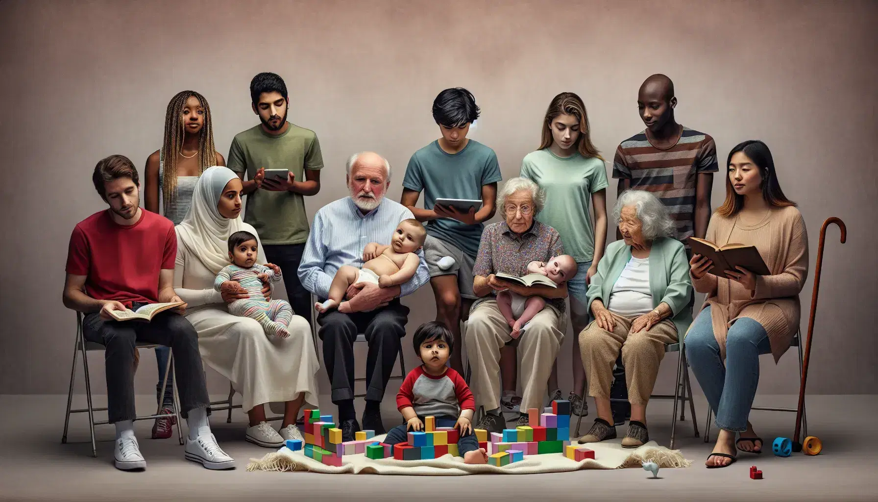 Grupo diverso en semicírculo con diferentes edades y etnias, desde un bebé hasta un anciano, interactuando con libros, tabletas y juegos en un fondo neutro.