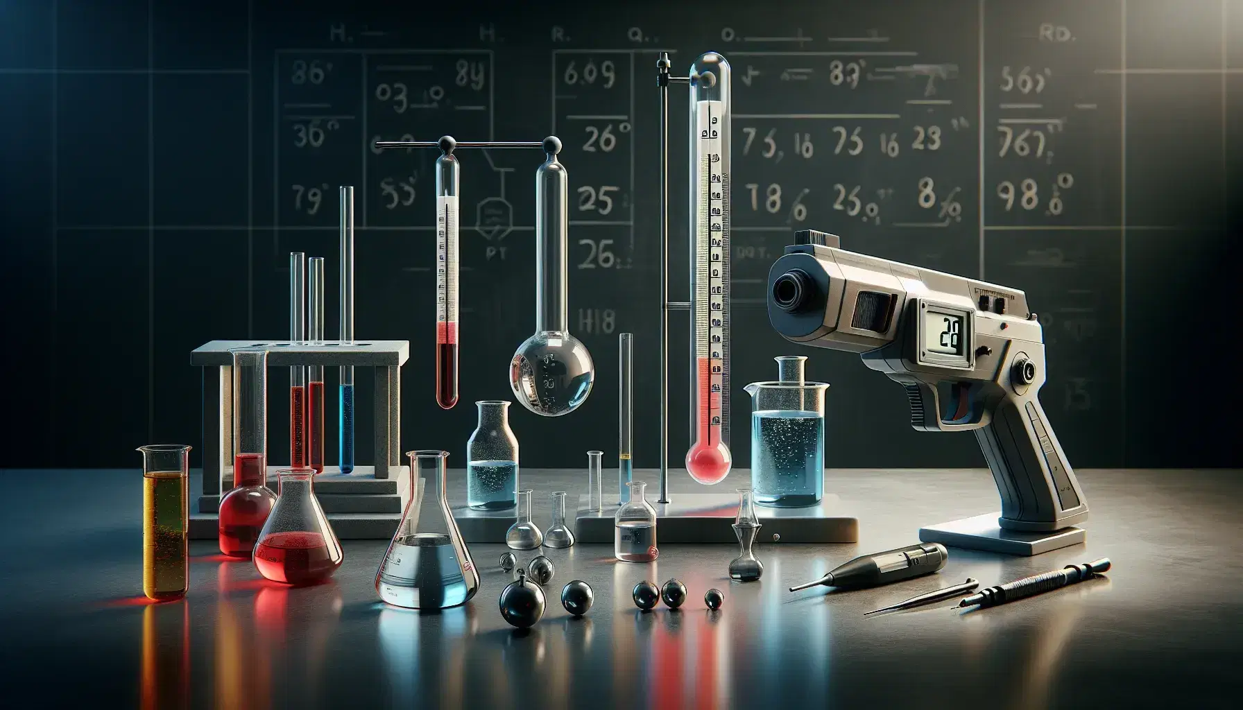 Laboratorio scientifico con termometri vari, tra cui mercurio al centro, digitale a sinistra e infrarossi a destra, becher con liquidi colorati.