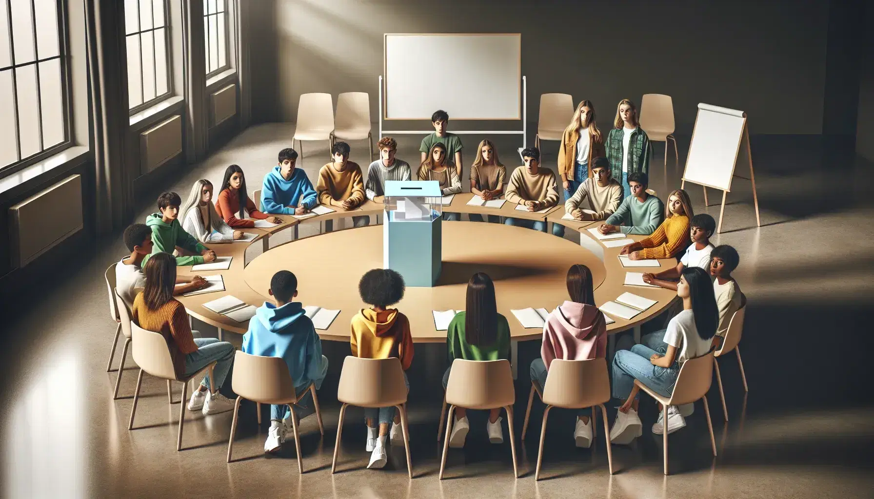 Grupo de adolescentes diversos sentados alrededor de una mesa ovalada en una sala iluminada naturalmente, discutiendo seriamente con una urna de votación transparente y papeletas en el centro.