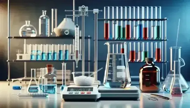 Laboratorio scientifico con becher, termometro, provette colorate, bilancia analitica digitale e pipetta, simboli di solubilità e soluzioni.
