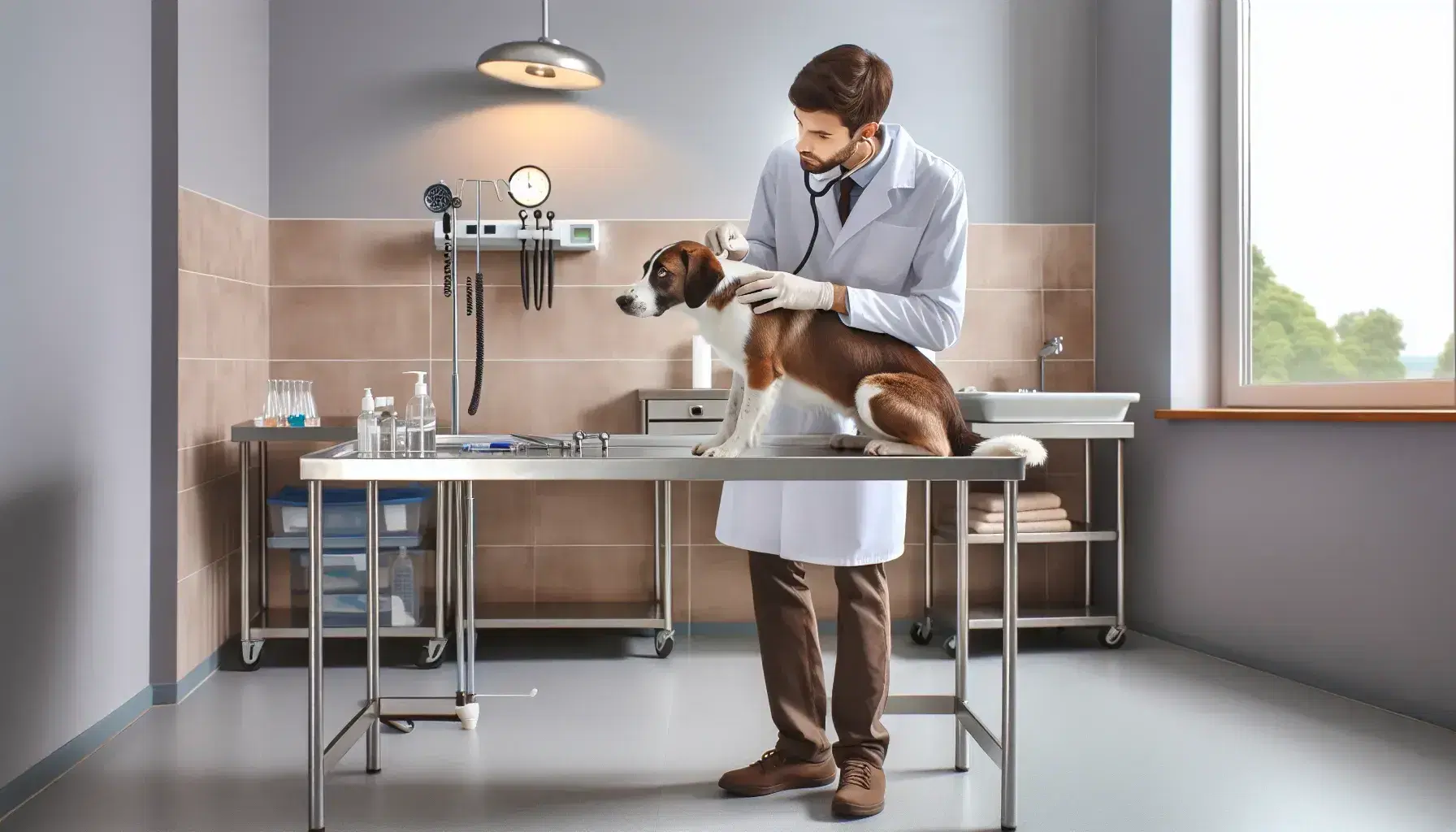 Veterinario examinando con estetoscopio a perro tranquilo en mesa de consulta, con instrumental médico al lado y ambiente iluminado naturalmente.