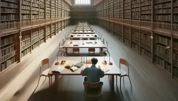 Biblioteca espaciosa con estanterías de madera llenas de libros, mesas para estudio, lámparas apagadas y grandes ventanas que dejan entrar luz natural.