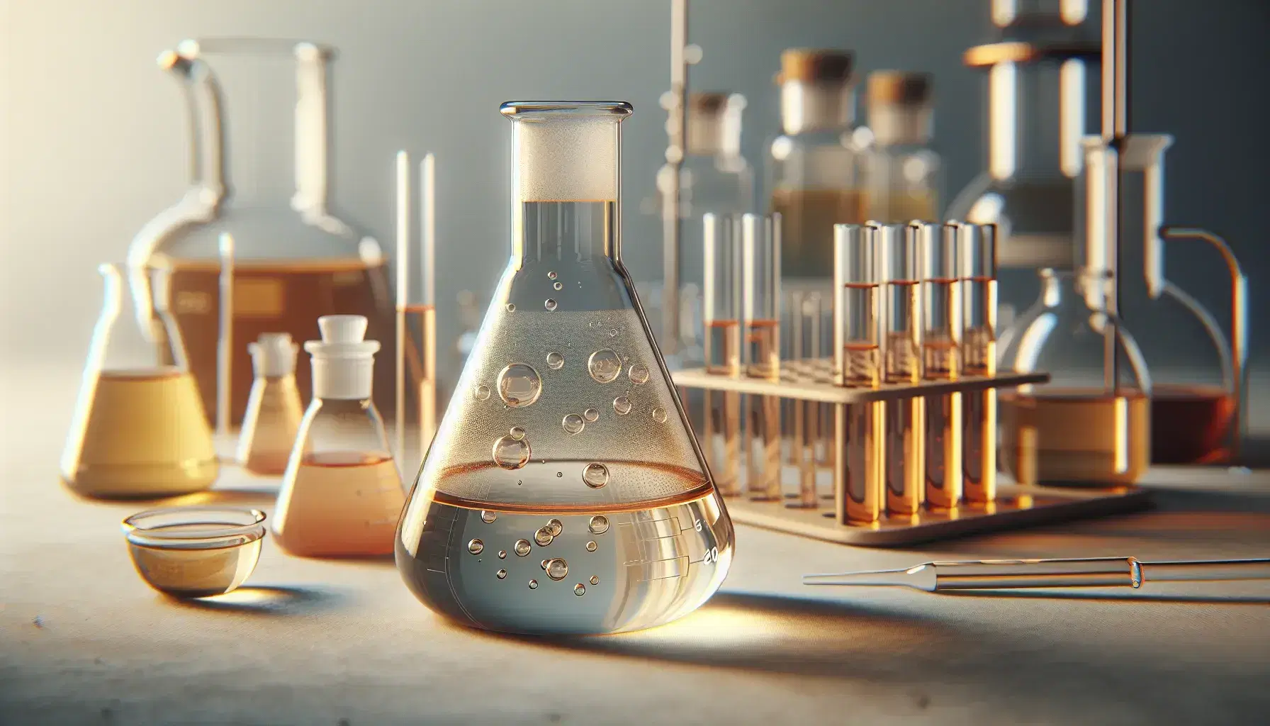 Frascos de vidrio con líquidos de fermentación en laboratorio, incluyendo matraz Erlenmeyer con líquido ámbar y tubos de ensayo con gradientes de color.