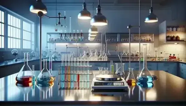 Laboratorio scientifico illuminato con tavolo in acciaio, becher con liquidi colorati, provette, bilancia analitica, agitatore magnetico e microscopio.