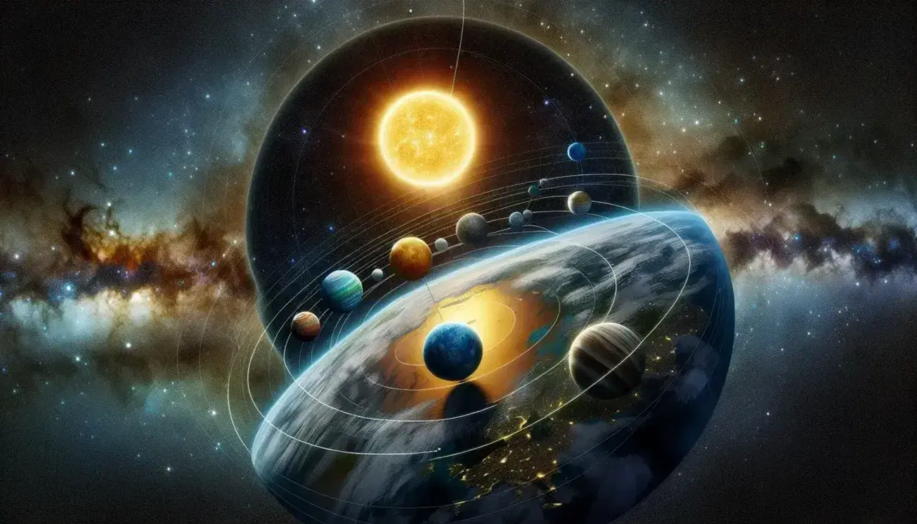 Vista panorámica del espacio con la Tierra iluminada por el sol, estrellas en el fondo negro y planetas del sistema solar en órbita.