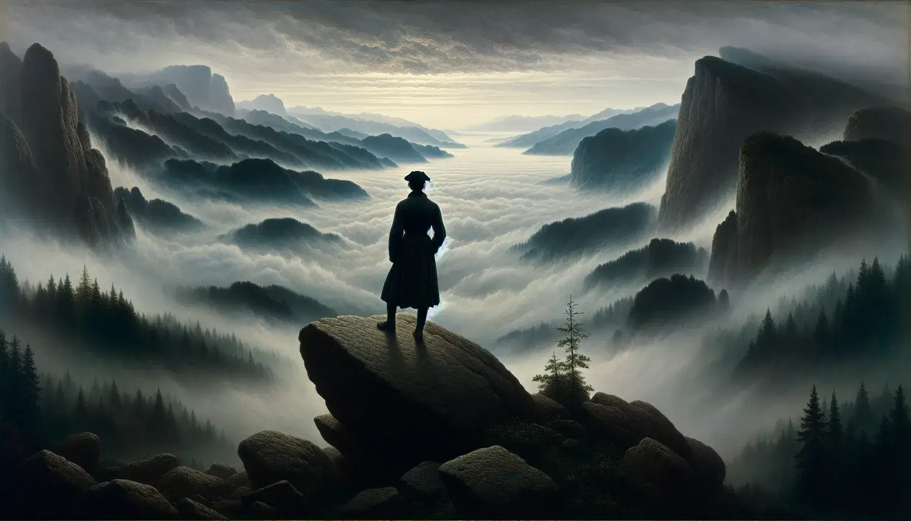 Uomo in abito scuro contempla paesaggio montuoso avvolto nella nebbia, riproduzione del dipinto 'Viandante sul mare di nebbia' di Caspar David Friedrich.