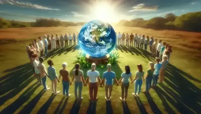 Gruppo multietnico in cerchio tiene le mani intorno a un globo terrestre su supporto in legno, con piante verdi e cielo azzurro.