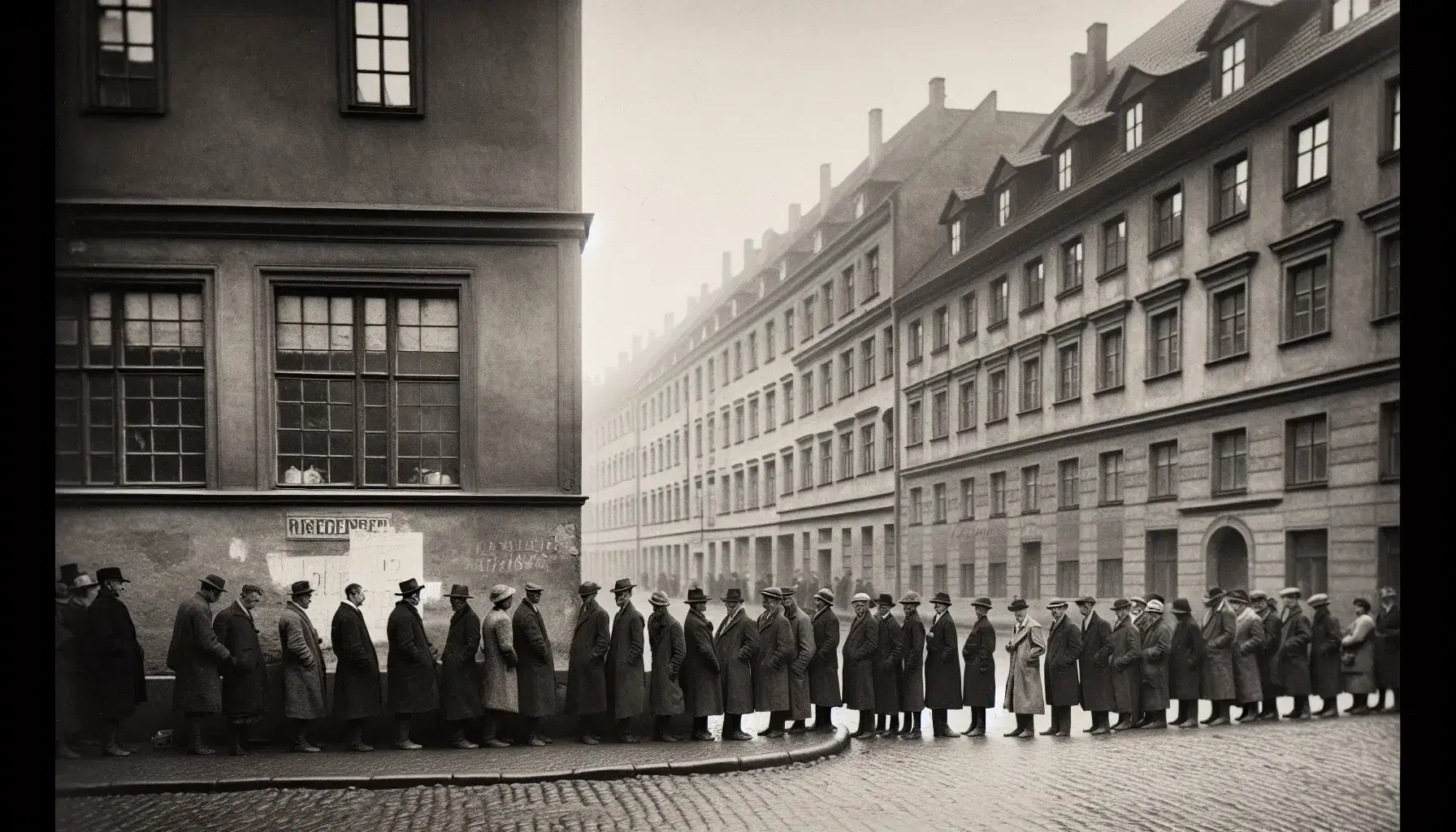 Black-and-white photo capturing a somber breadline in Germany during the Great Depression, with period attire and vintage cars on a cobblestone street.