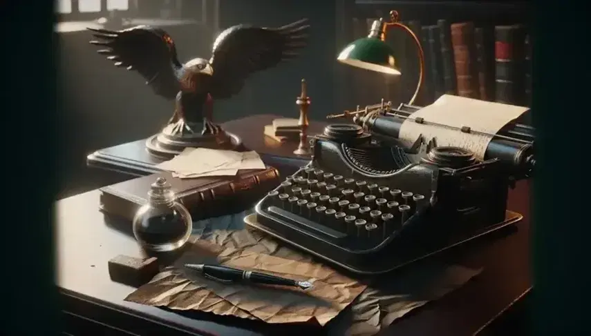 Scrivania in legno scuro con macchina da scrivere antica, calamaio in vetro, penna d'argento, libro in pelle e statuetta di aquila.