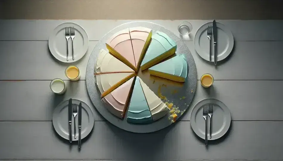 Torte rotonde divise in parti uguali su tavolo in legno, con glassa colorata e crema gialla visibile, piatti bianchi e forchette accanto.