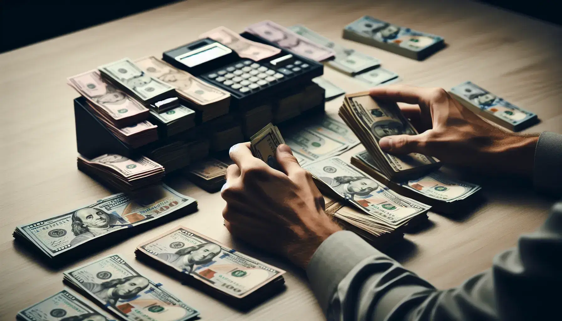 Hands counting a stack of multicolored currency bills on a wooden desk with a calculator nearby, highlighting the process of cash management.