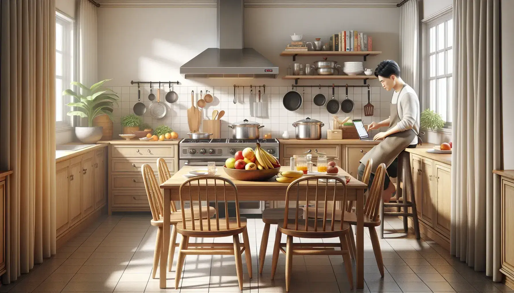 Home kitchen with wooden table and colorful fruit bowl, Asian woman cooking, Caucasian man at computer, cream walls and plants.