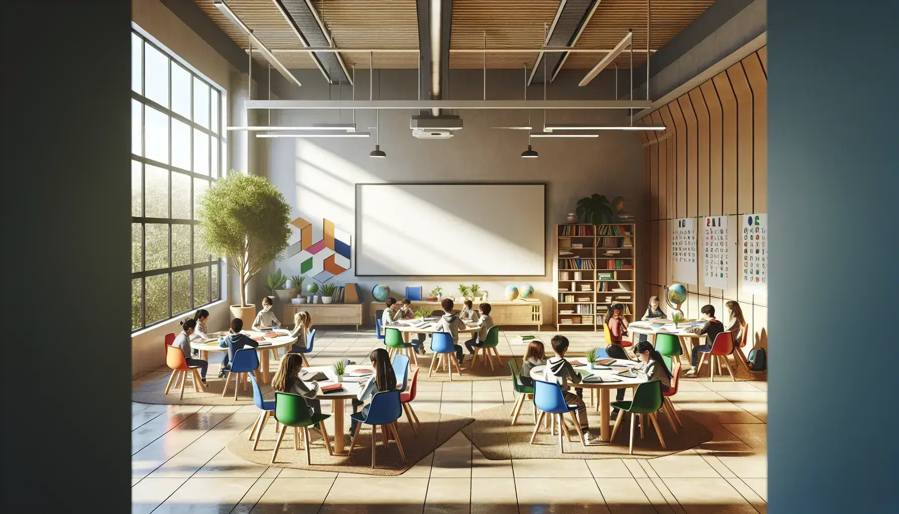 Aula espaciosa y luminosa con estudiantes en mesas redondas, sillas de colores, una pizarra blanca y estantería con libros y objetos educativos.