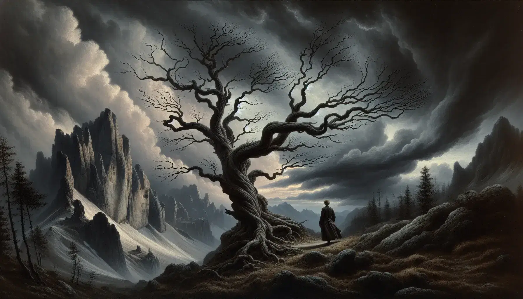 Paisaje natural melancólico con árbol sin hojas y cielo nublado al atardecer, figura humana del siglo XIX mirando montañas nevadas.