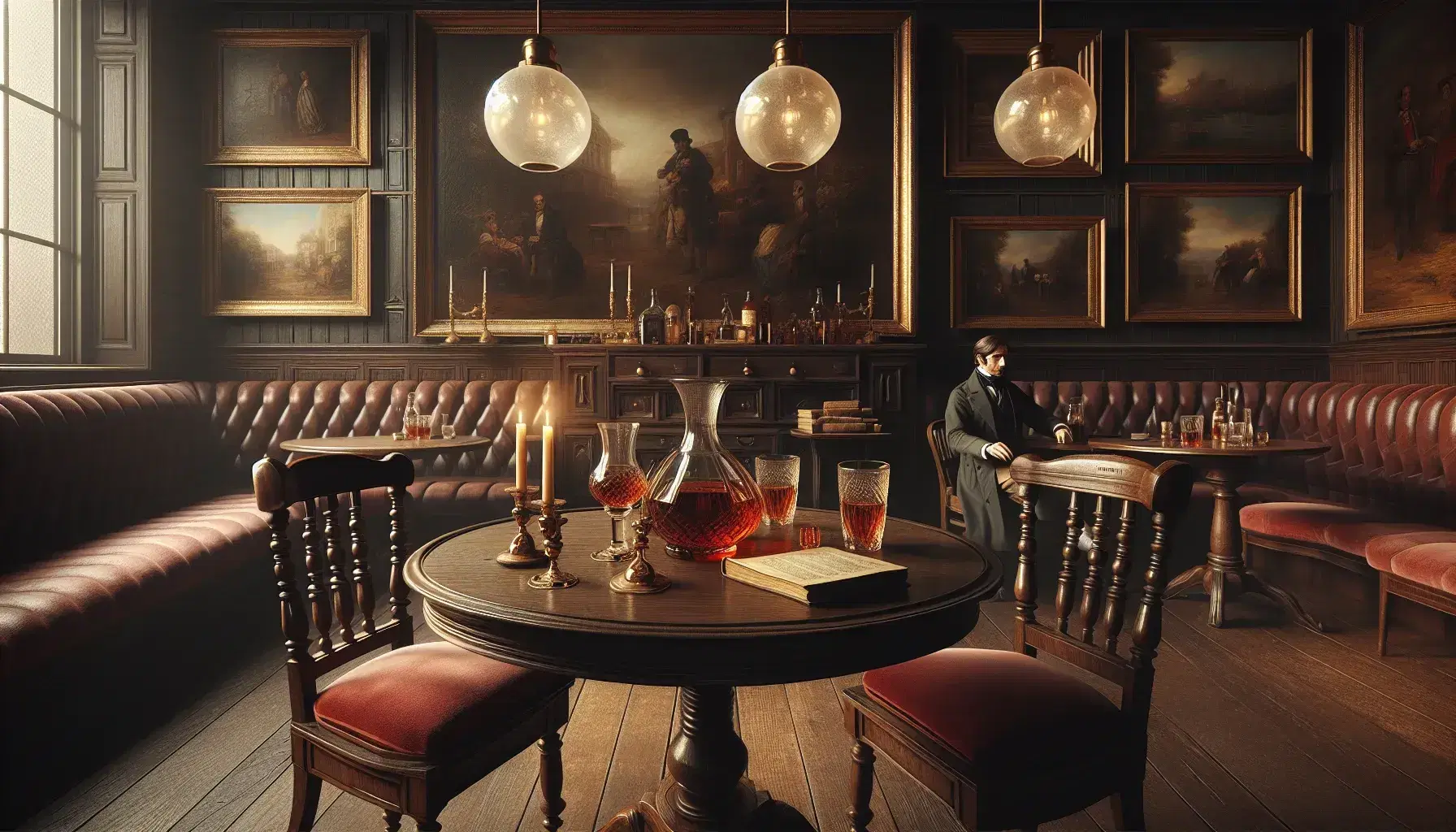 Caffè storico dell'epoca Scapigliatura con tavolo ovale in legno, sedie in velluto rosso, caraffa e bicchieri di vino, libro aperto e quadri dorati.