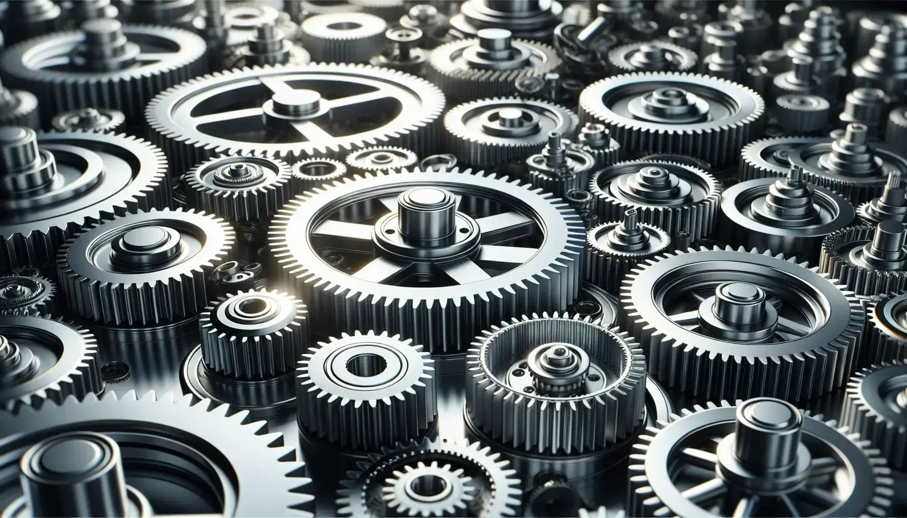 Interconnected mechanical gears of various sizes with fine details, metallic reflections and subtle shadows on gray-white gradient background.