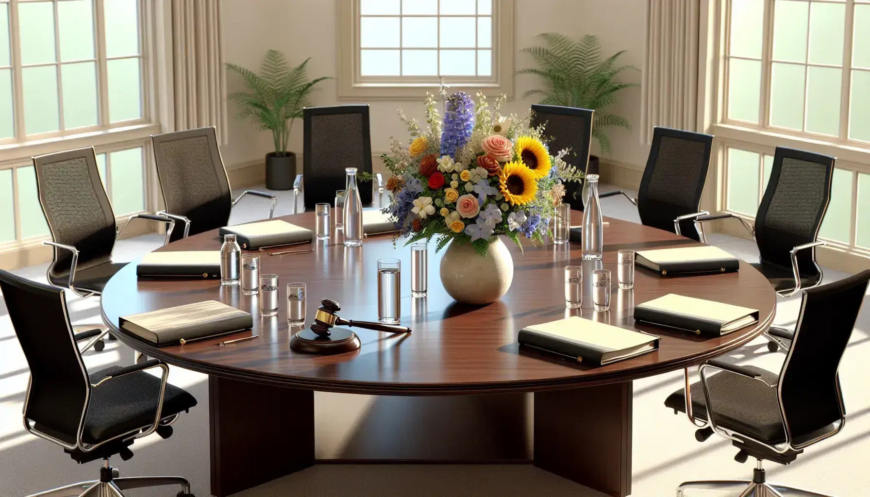 Round conference table with ergonomic chairs, a wooden gavel, water pitcher, glasses, blue folders, and a vase with sunflowers, roses, and irises in a bright room.