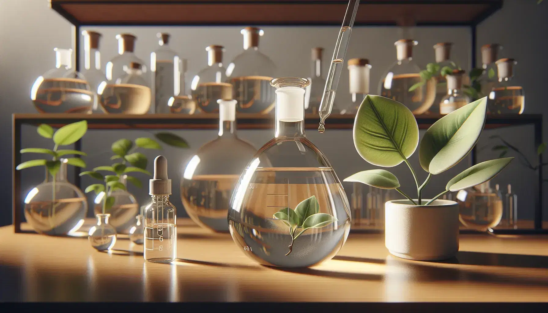 Glass vial on laboratory bench with amber liquid, dropper above, green plant on right and bottles in background.