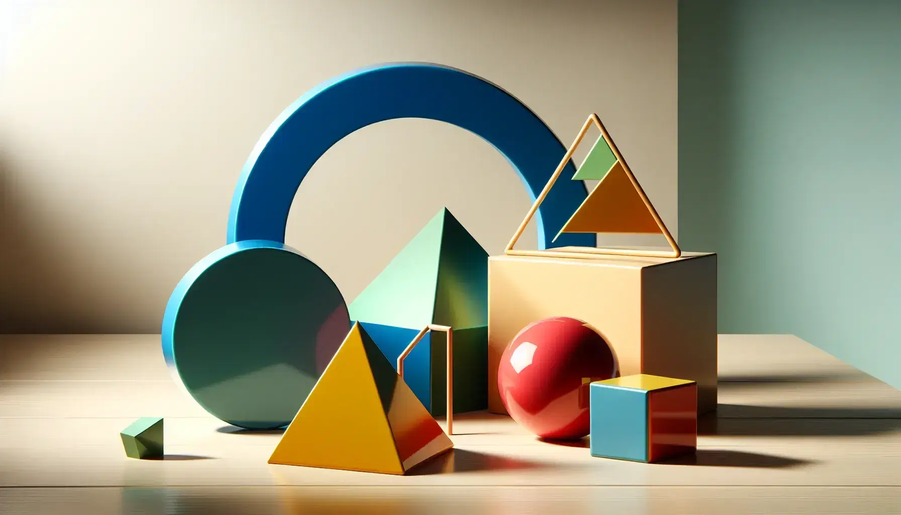 Forme geometriche colorate su sfondo neutro, cerchio blu centrale, triangolo rosso, quadrato verde, pentagono giallo e esagono arancione con ombre leggere.