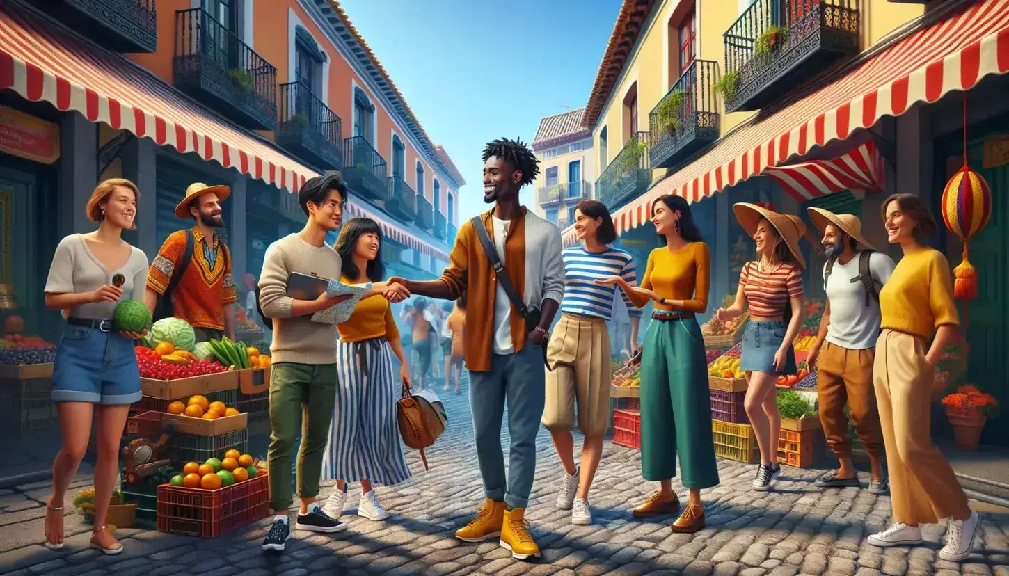Vibrant Spanish market scene with diverse people interacting, colorful stalls with fruits and vegetables under striped awnings, and a clear blue sky.