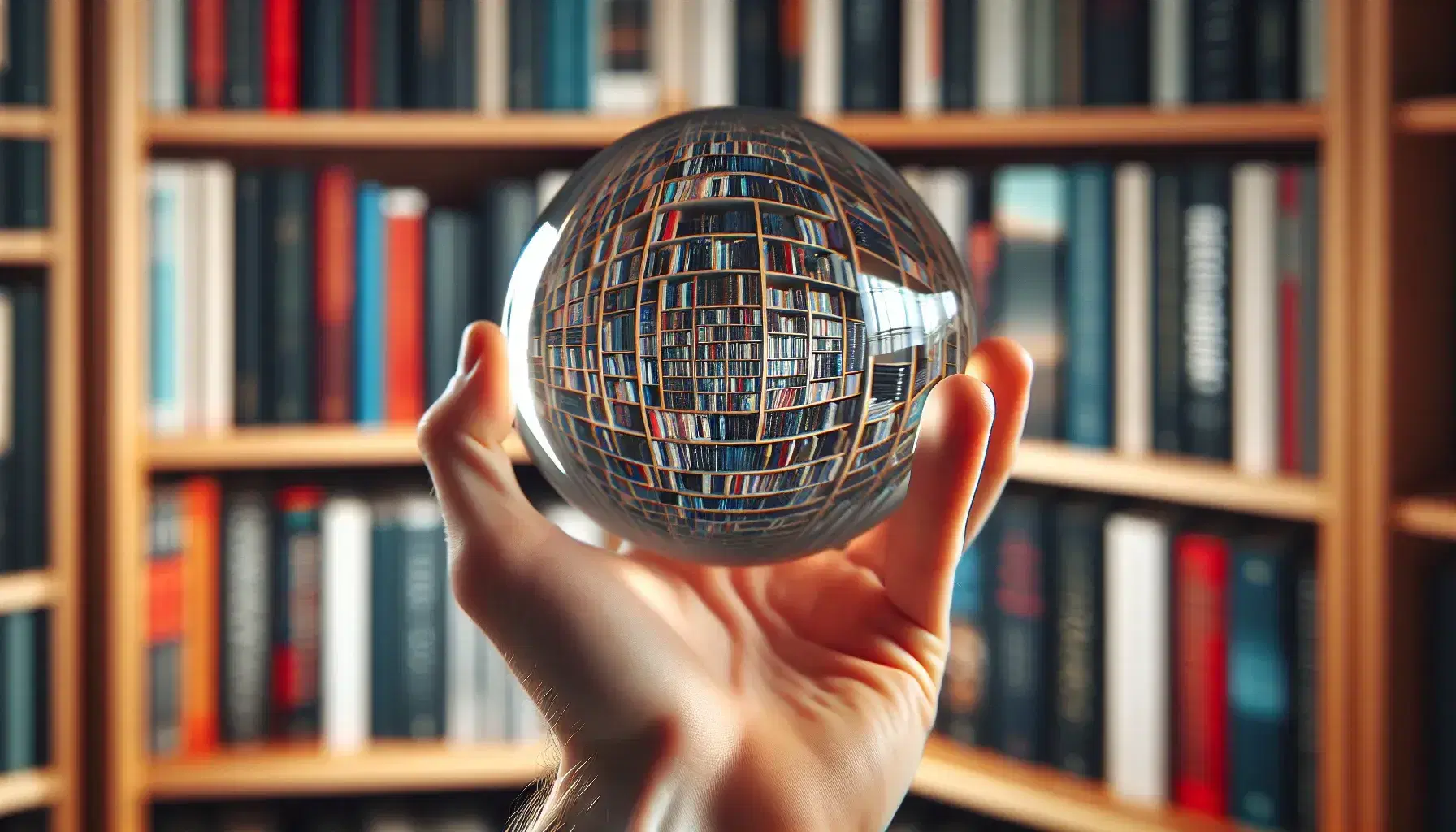 Mano sujetando esfera de cristal transparente con reflejo distorsionado de estantería de libros desenfocados en el fondo, iluminación suave y colores variados.