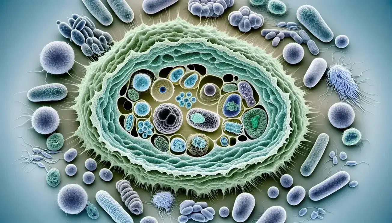 Vista microscópica de células eucariotas y procariotas, destacando una célula eucariota grande con núcleo y orgánulos, rodeada de bacterias y células vegetales con cloroplastos.