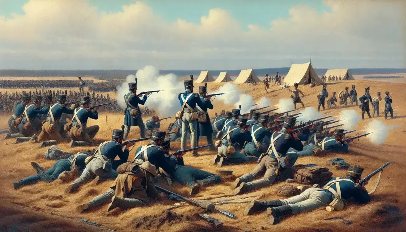 Soldati in uniformi d'epoca combattono in formazione su un campo aperto, con tende militari sullo sfondo e cielo azzurro.