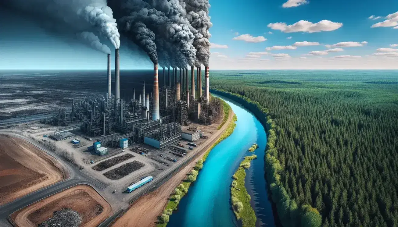 Contraste entre una fábrica con chimeneas humeantes y un bosque frondoso, con un río que cambia de color al acercarse a la zona industrial.
