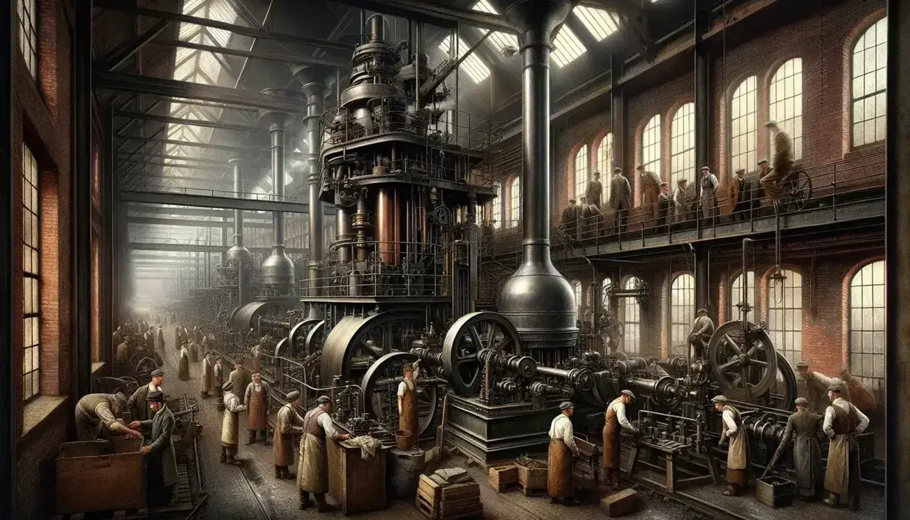 Scena di fabbrica durante la rivoluzione industriale con operai attorno a macchinari a vapore tra ingranaggi e attrezzi sparsi.