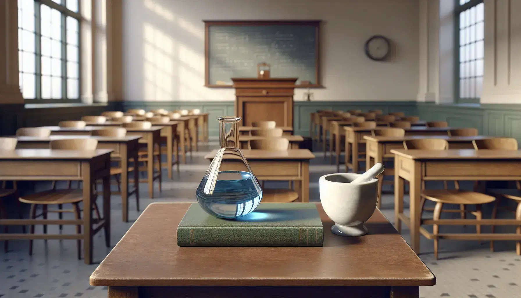 Classroom with teacher's desk featuring a beaker with blue liquid and a porcelain mortar and pestle, student desks with green textbooks, and natural light.
