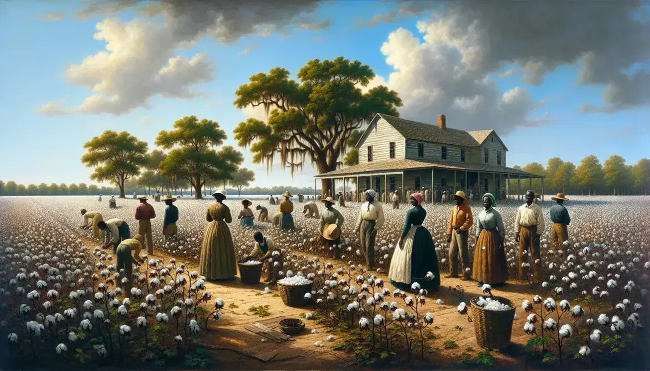 African American workers harvest cotton in a vast field, with a weathered farmhouse and oak trees under a clear blue sky.