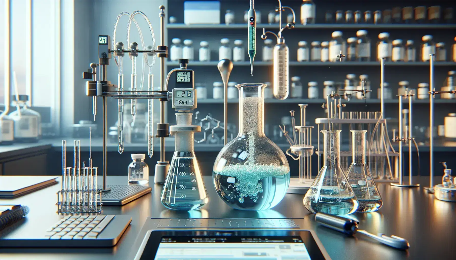 Laboratory with beaker containing effervescent blue liquid, flask with distillation in progress and digital thermometer, equipment on background.