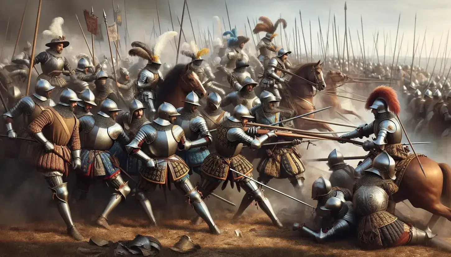 Renaissance battle scene with armored soldiers in combat, arquebusiers firing, knights charging, and a distant castle under a blue sky.
