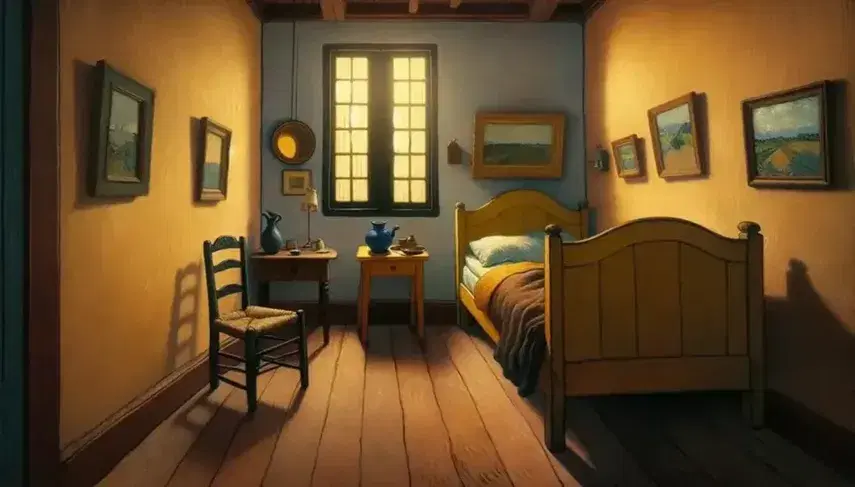 Riproduzione fedele del dipinto 'La Camera da Letto' di Van Gogh con letto blu, pareti gialle, specchio dorato e quadri.