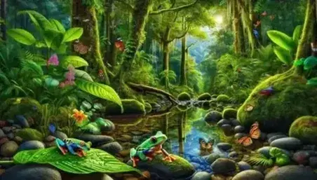 Lush rainforest scene with stream, colorful frog on leaf, iridescent butterfly on wild flower and colorful birds on trees.