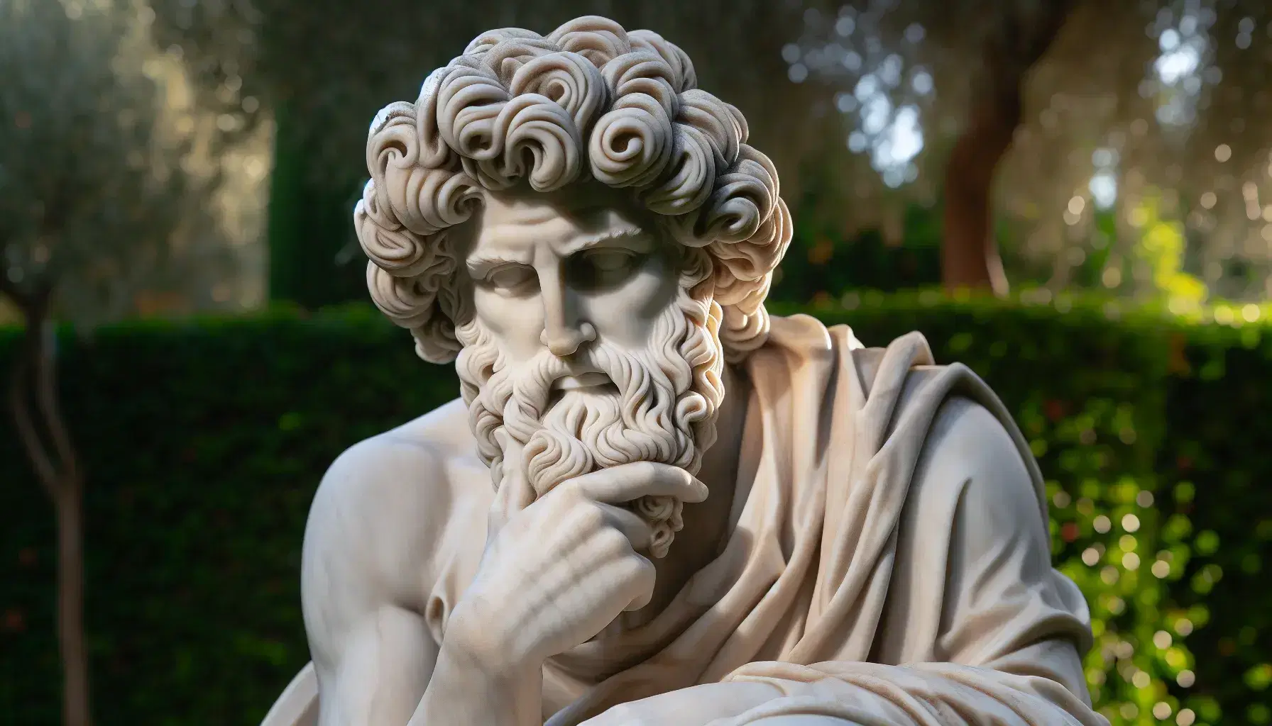 Escultura de mármol blanco de filósofo antiguo pensativo con barba detallada y cabello rizado, sentado con mano en mentón y libro cerrado en regazo, en entorno natural.
