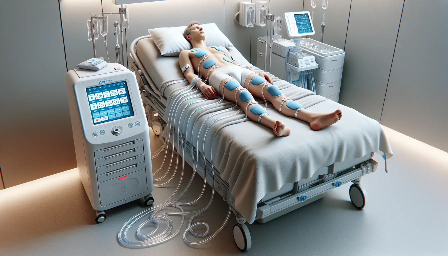 Patient on hospital bed connected to Arctic Sun temperature management system with blue pads and control unit.
