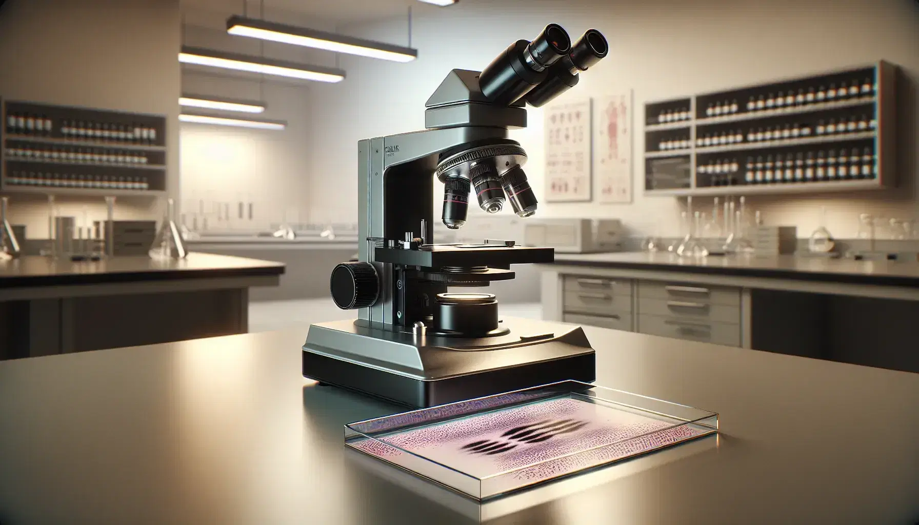 Microscopio ottico nero e argento su tavolo da laboratorio con vetrino contenente cellule e cromosomi colorati, in ambiente di ricerca sobrio.