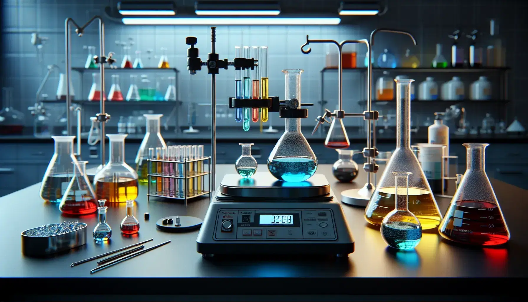 Laboratorio de química con mesa resistente a químicos, Erlenmeyers con líquidos de colores, soporte con tubo de ensayo y mechero Bunsen encendido, balanza analítica y estantería con frascos de reactivos.