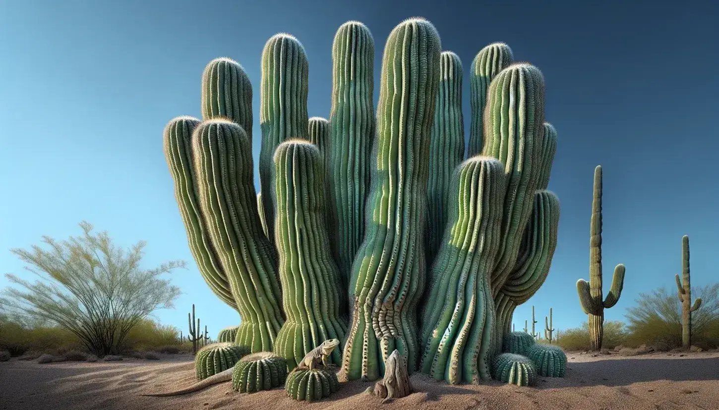 Close up of a Saguaro cactus with protruding arms and sharp thorns under a blue sky, camouflaged lizard in evidence, surrounding barren ground.