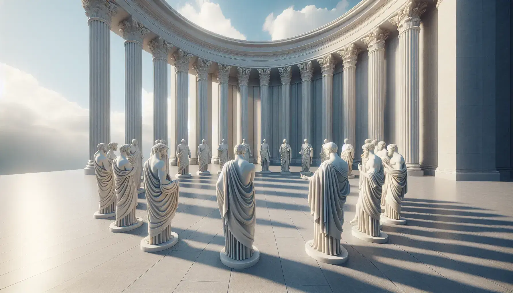 Estatuas de mármol blanco en estilo clásico formando semicírculo, con columnas corintias y cielo azul de fondo, evocando diálogo y armonía.