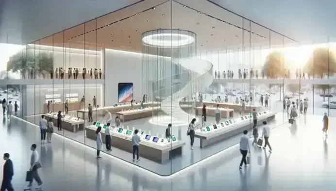 Contemporary technology store with minimalist design, glass walls, wooden display tables with gadgets, and a central spiral staircase.