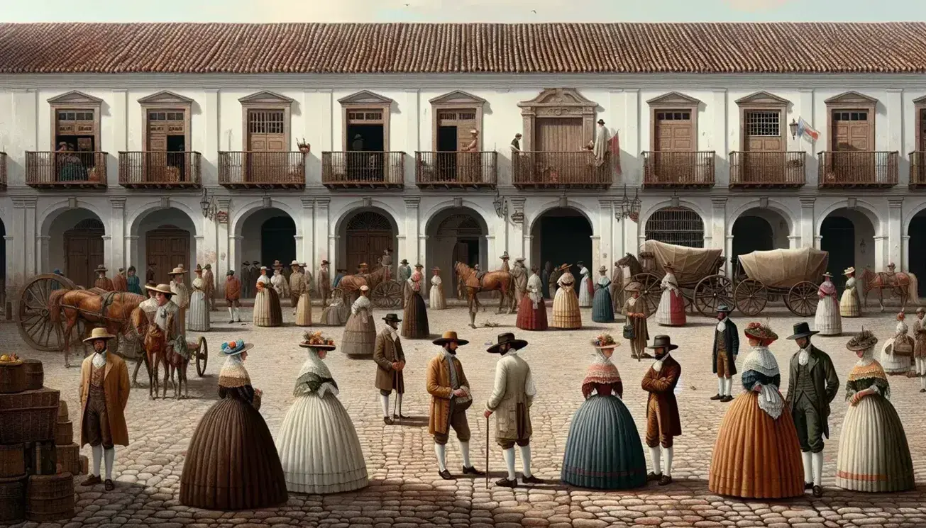 Escena cotidiana en ciudad colonial con personas en vestimenta de época, plaza adoquinada, edificios con fachadas blancas y carruaje tirado por caballos.