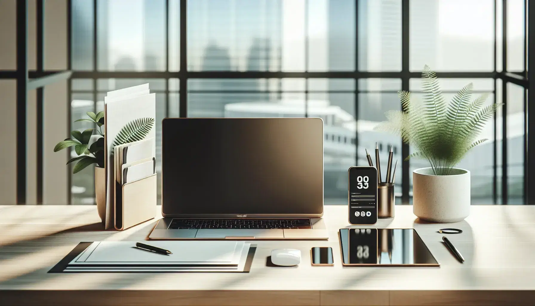 Ufficio moderno e luminoso con scrivania in legno, laptop aperto, cellulare, documenti impilati e pianta verde, sfondo urbano sfocato.