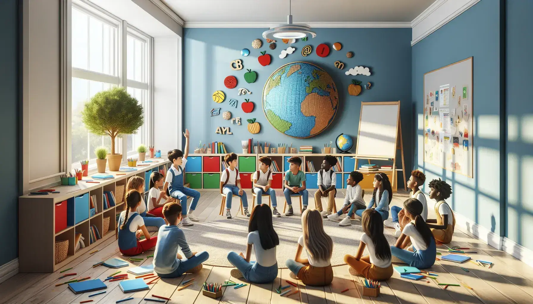 Aula scolastica colorata con studenti di diverse etnie seduti in cerchio su sedie colorate, discutendo attivamente, con fogli e penne sul pavimento.